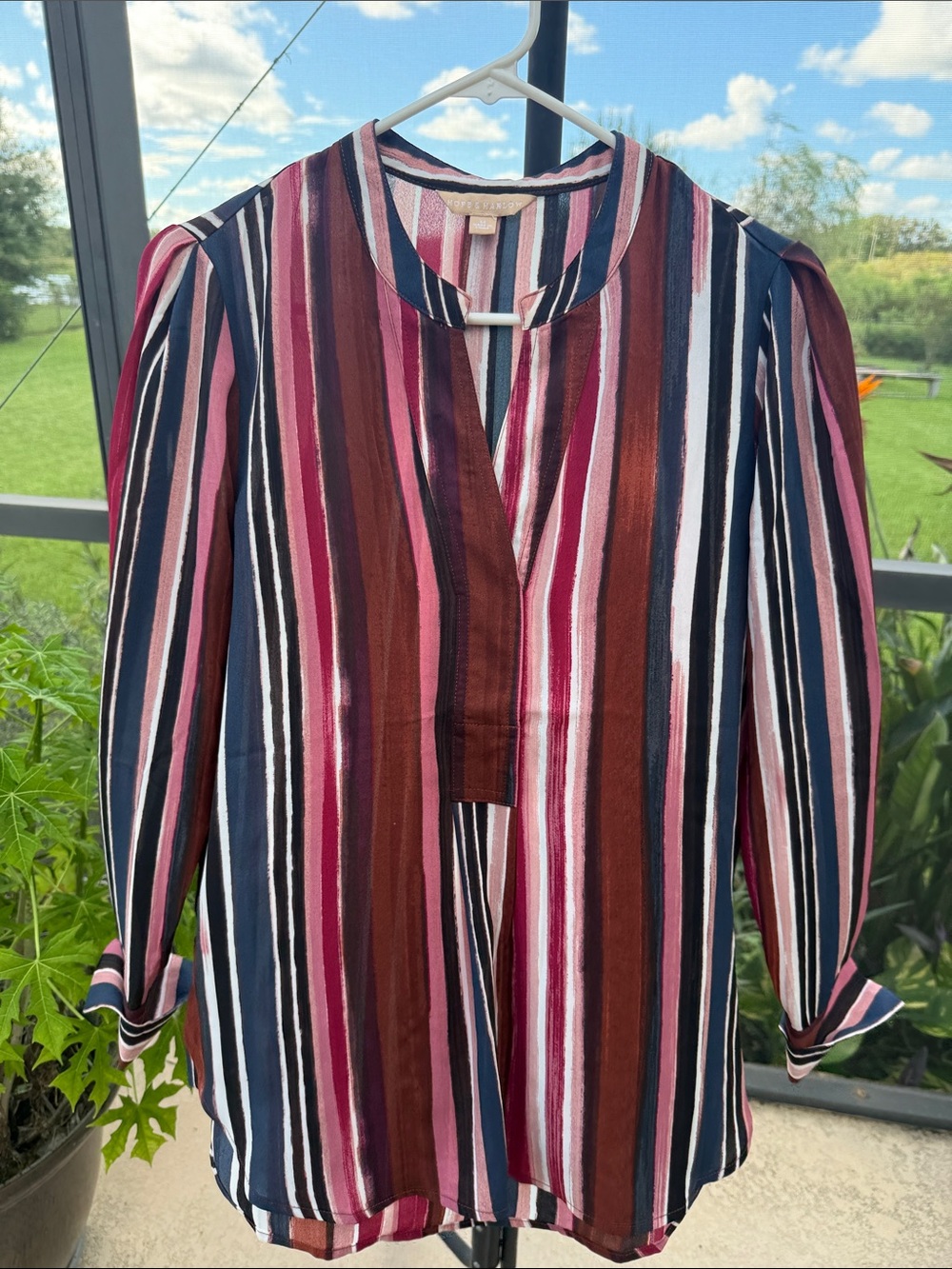Striped V-Neck Tunic in Burgundy, Navy & Pink
